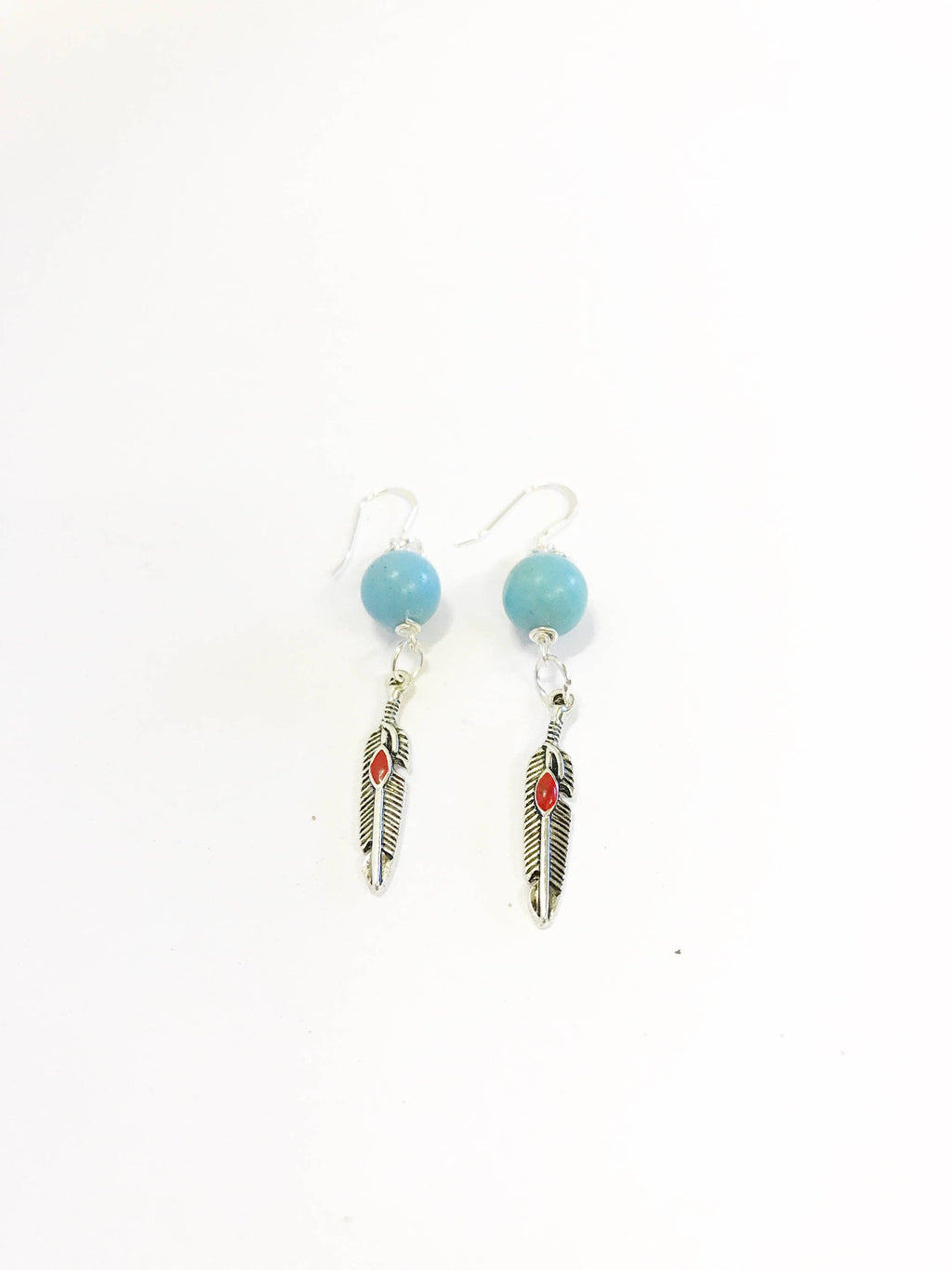 Turquoise and Red Dot Feather Drop Earrings, Southwestern Style Jewelry, Dangle Earrings Gift For Her, Country Western Wife Jewelry Gift