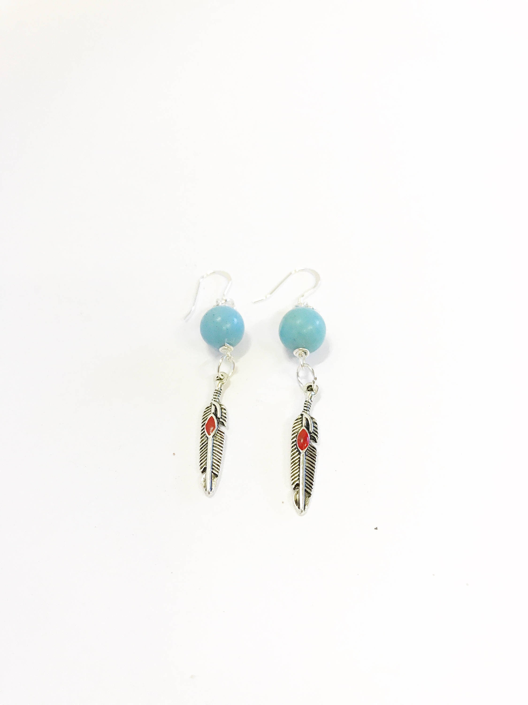 Turquoise and Red Dot Feather Drop Earrings, Southwestern Style Jewelry, Dangle Earrings Gift For Her, Country Western Wife Jewelry Gift