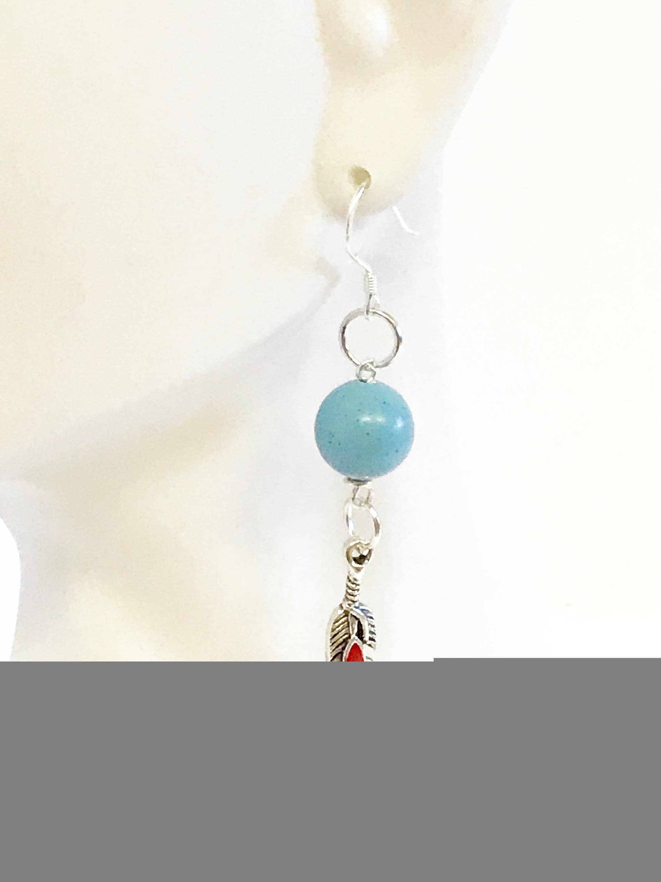 Turquoise and Red Dot Feather Drop Earrings, Southwestern Style Jewelry, Dangle Earrings Gift For Her, Country Western Wife Jewelry Gift