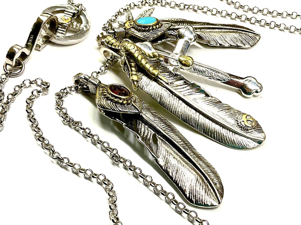 Cross Eagle Feather Necklace Western 3 Dangle Silver Eagle Claw Antique Pendants Bohemian Boho Hippie Turquoise Indian Jewelry
