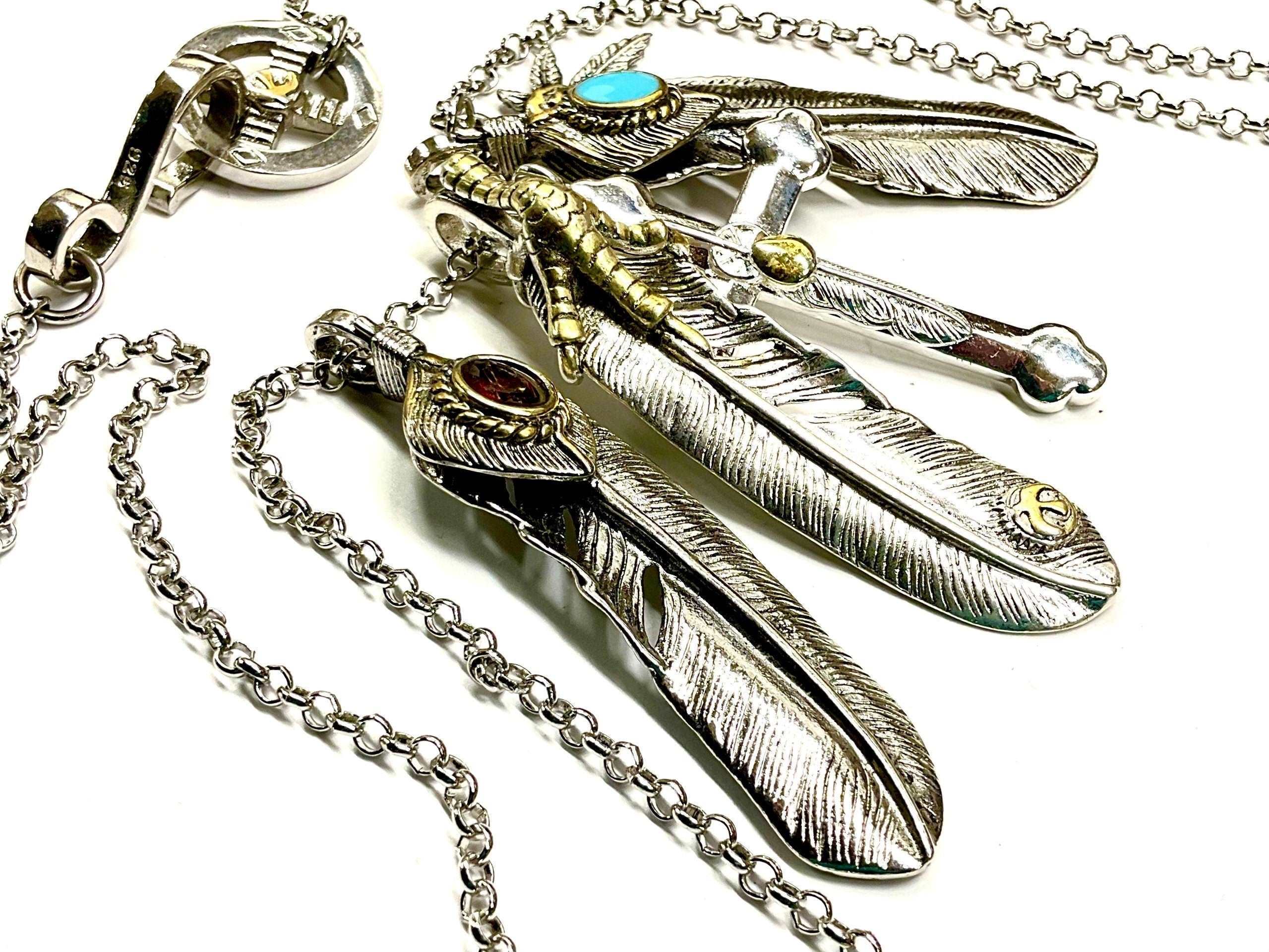 Cross Eagle Feather Necklace Western 3 Dangle Silver Eagle Claw Antique Pendants Bohemian Boho Hippie Turquoise Indian Jewelry