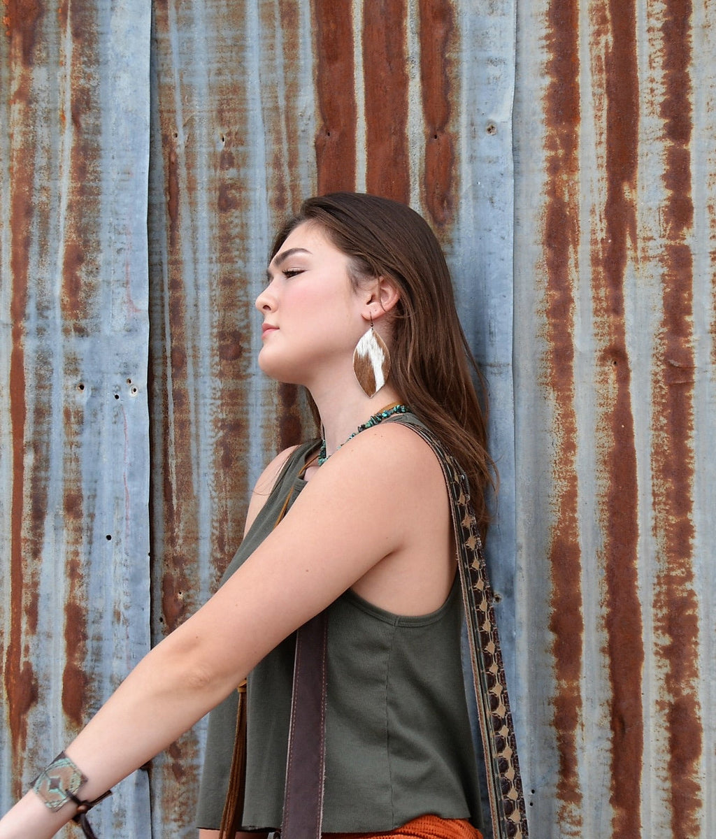 **Leather Oval Earrings in Tan and White Hair-on-Hide 222c