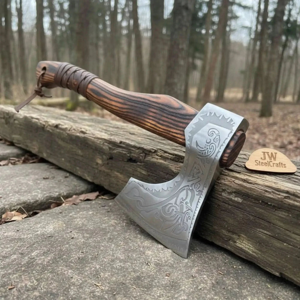 Hand Forged Carbon Steel Viking Axe with Carved Ash Wood Handle and Leather Grip