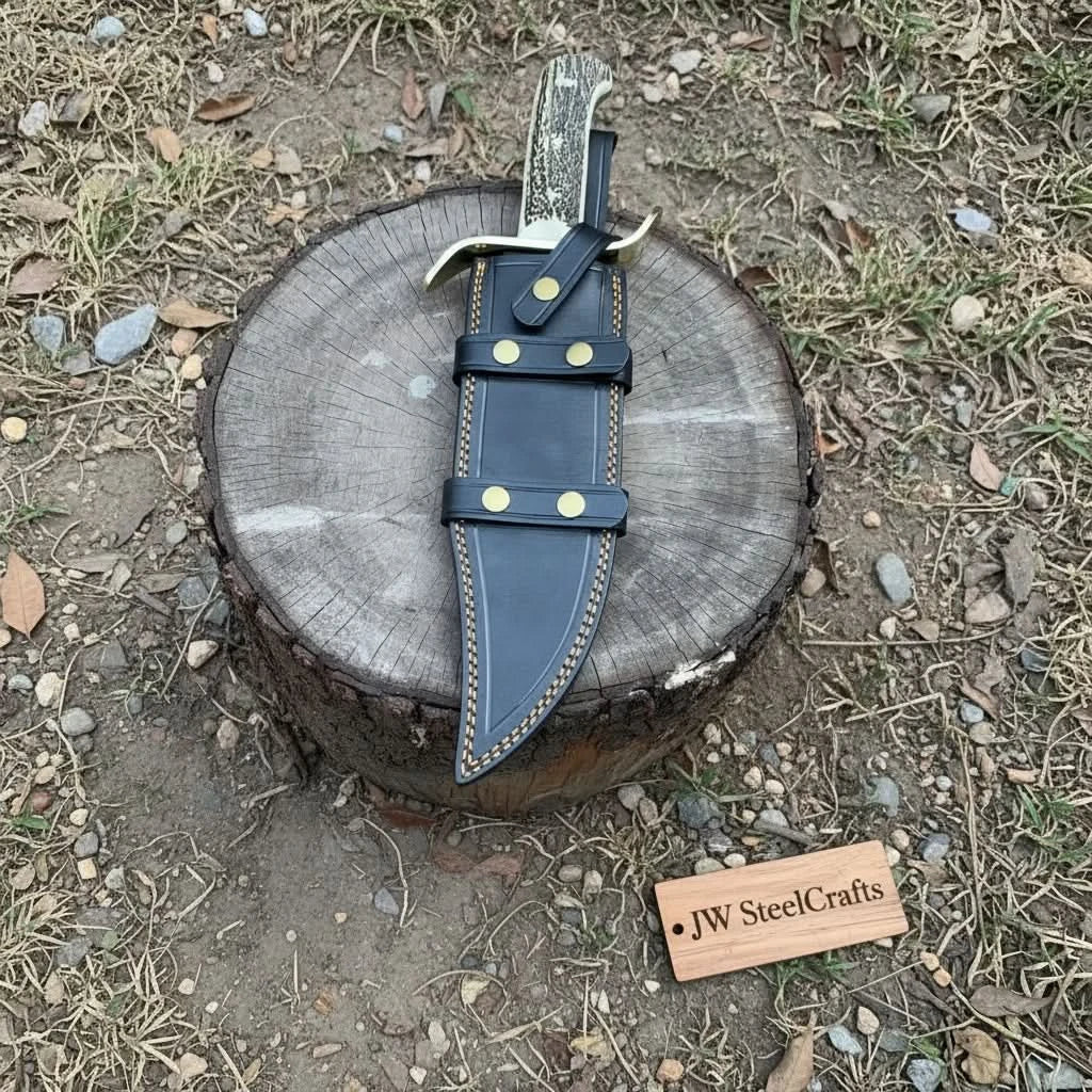Hand Forged Damascus Bowie Knife with Stag Handle & Belt Sheath