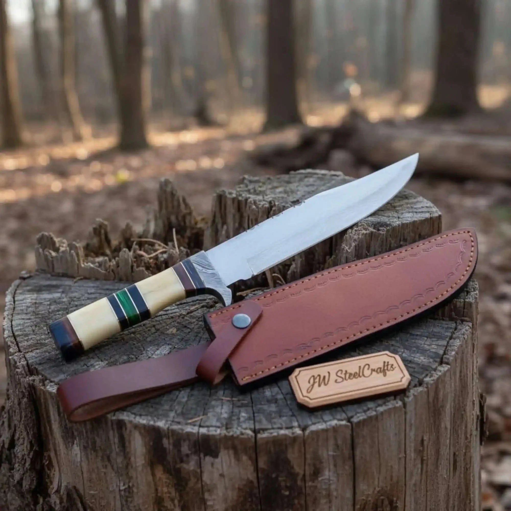 Frontier Jim Bowie Style Knife, Damascus Steel Clip Point, 9 Inch Blade, Stacked Bone Handle | JW SteelCrafts