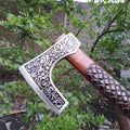 Traditional Viking Skeggøx Bearded Axe – Etched Steel Blade with Sculpted Wood Shaft