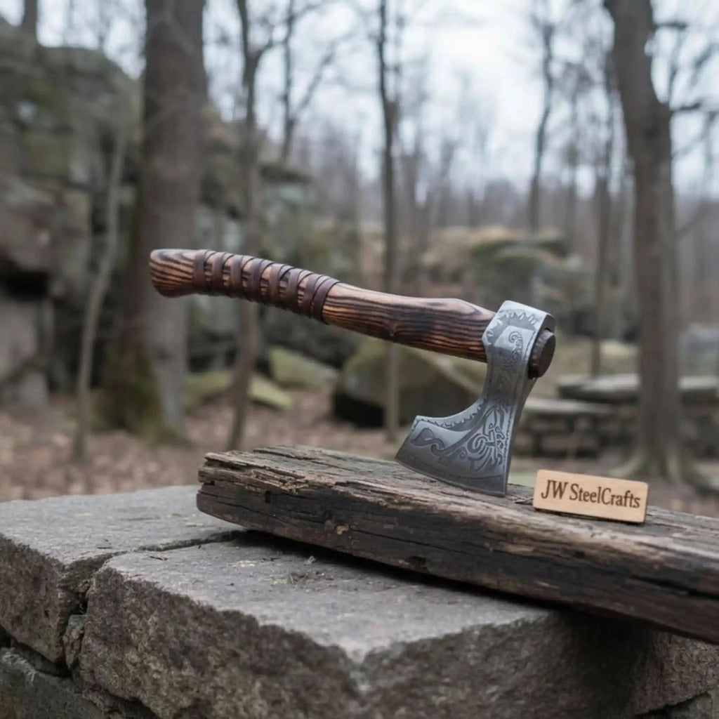Hand Forged Carbon Steel Viking Axe with Carved Ash Wood Handle and Leather Grip