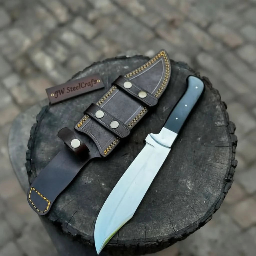 Frontier Bowie Knife, Hand Forged High Carbon Steel Clip Point Blade, Black Micarta Handle, Full Tang with Leather Sheath