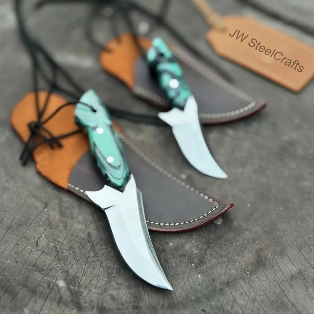 Neck Knife with Leather Sheath – Mini Damascus Pattern Blade | Green Resin Handle | JW SteelCrafts