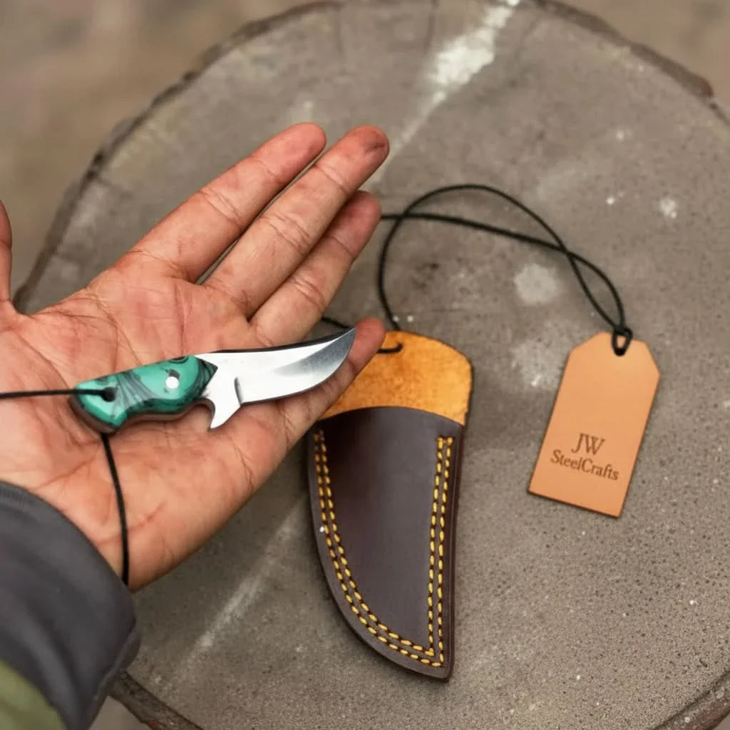 Neck Knife with Leather Sheath – Mini Damascus Pattern Blade | Green Resin Handle | JW SteelCrafts