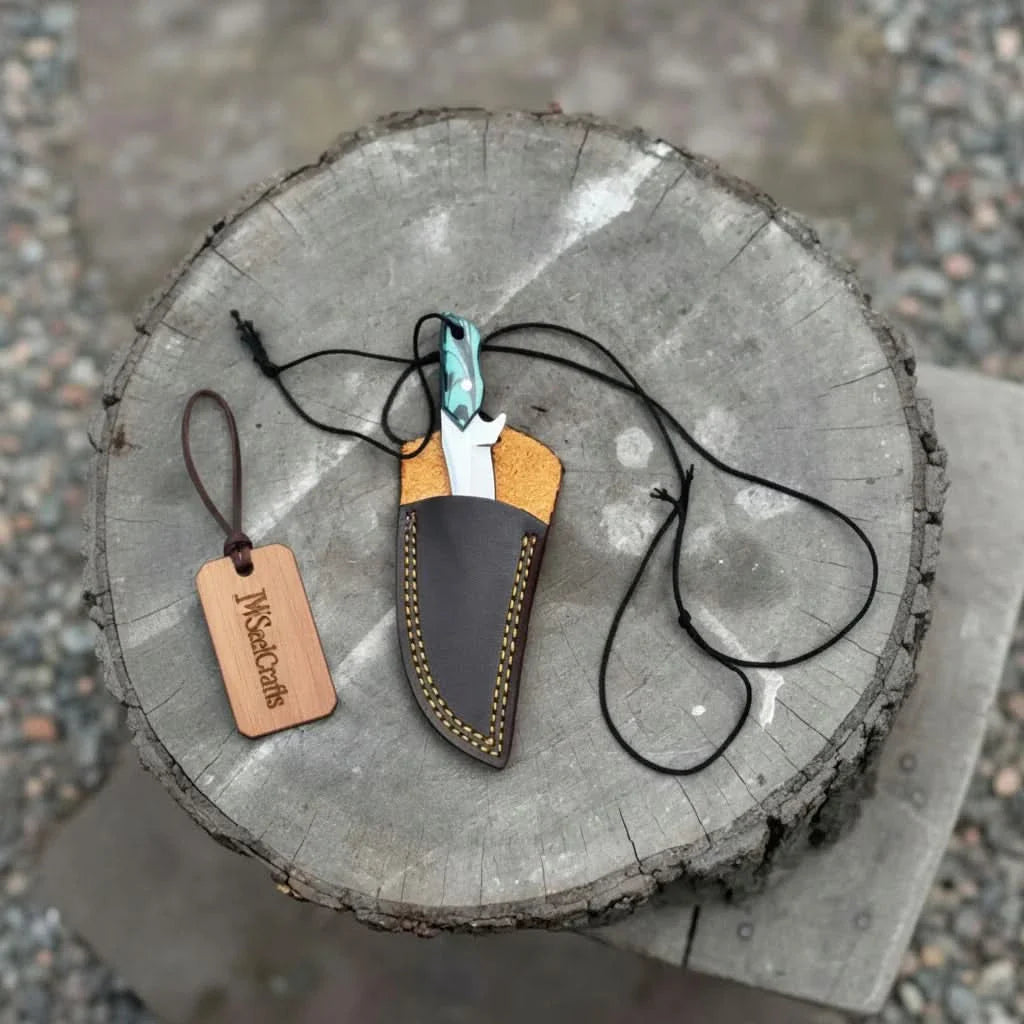 Neck Knife with Leather Sheath – Mini Damascus Pattern Blade | Green Resin Handle | JW SteelCrafts