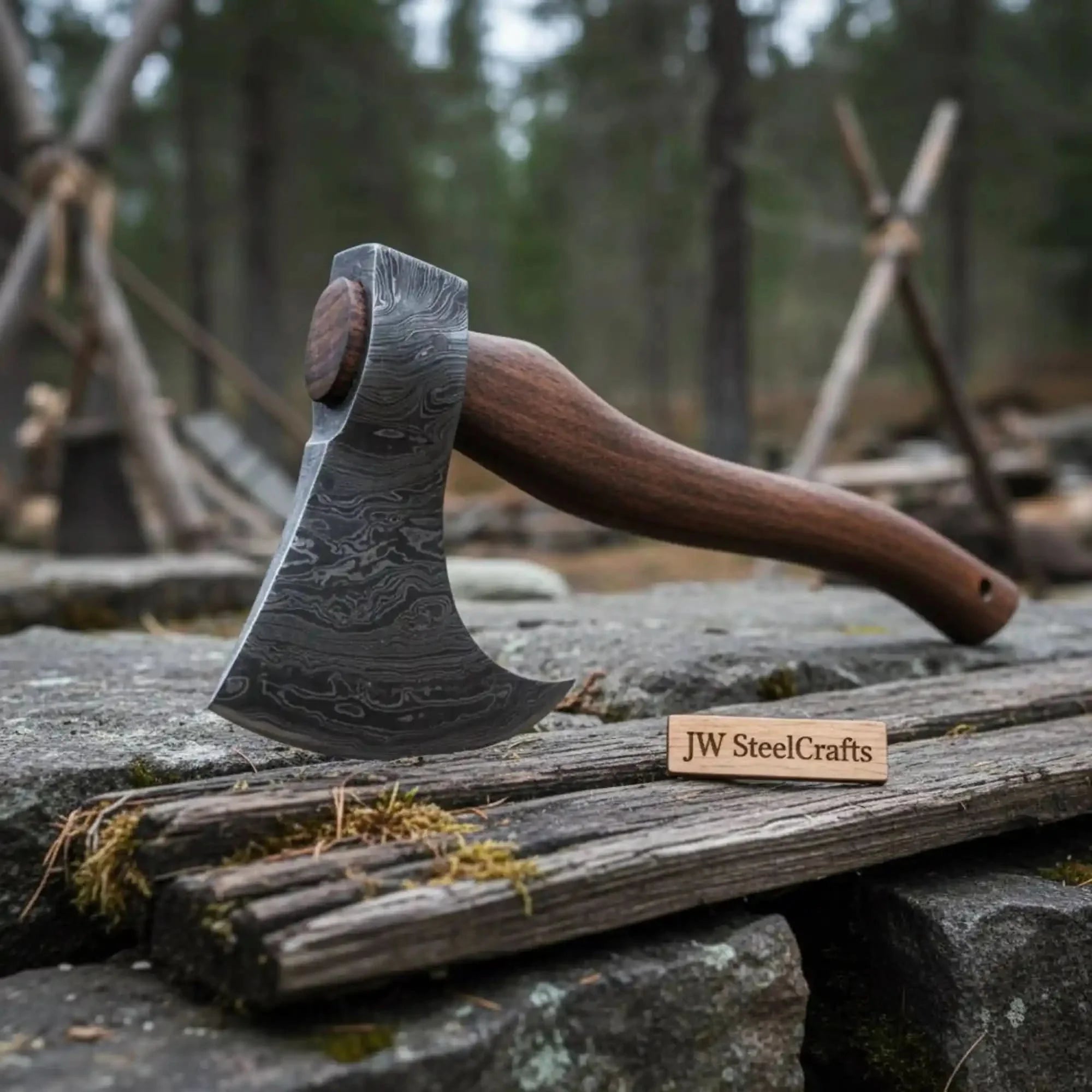 Handmade Damascus Steel Tomahawk Axe – Hand Forged Bearded Hatchet with Curved Hardwood Handle for Camping and Bushcraft | JW SteelCrafts
