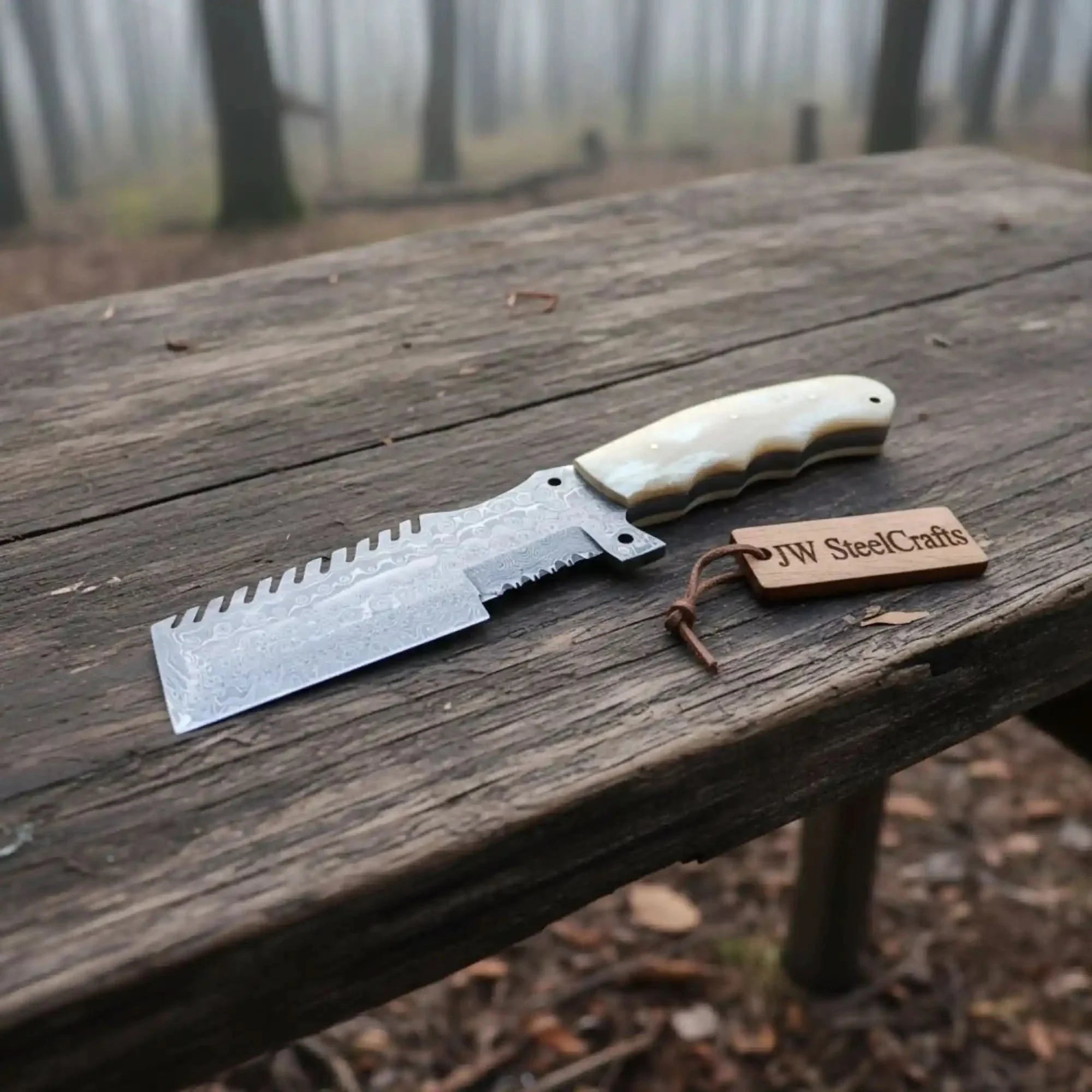 Handmade Damascus Tracker Knife with Bone Handle, Fixed Blade