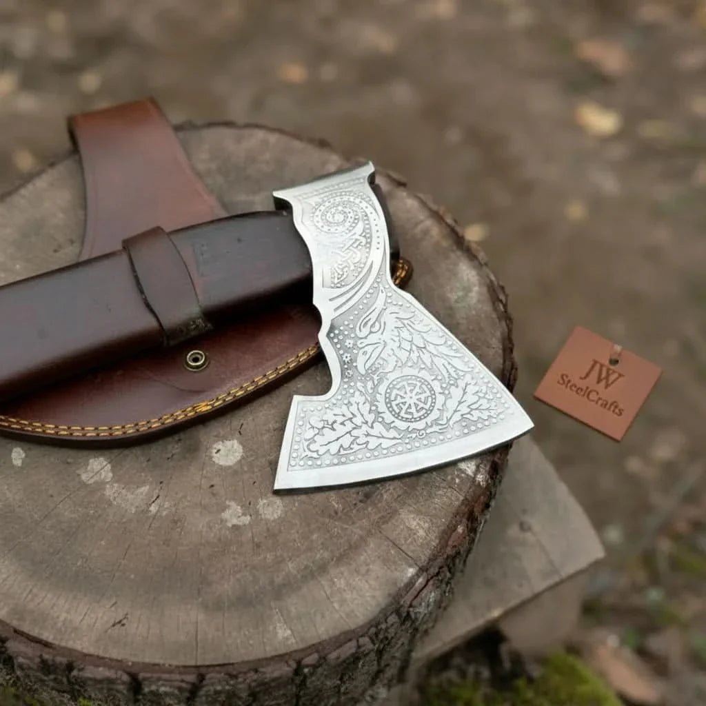Viking Bearded Axe with Norse Engraved Blade and Leather Sheath