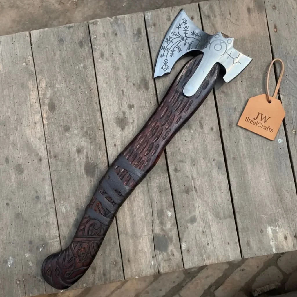Handmade Viking Double-Bit Carbon Steel Axe with Norse Rune Etching and Engraved Hardwood Handle