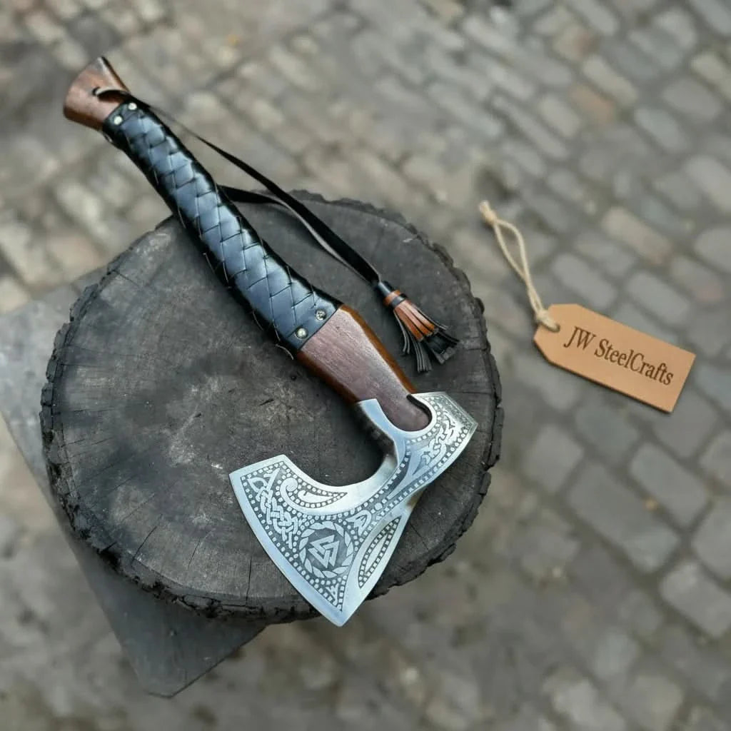 Viking Axe with Leather Wrapped Handle & Engraved Head – JW SteelCrafts