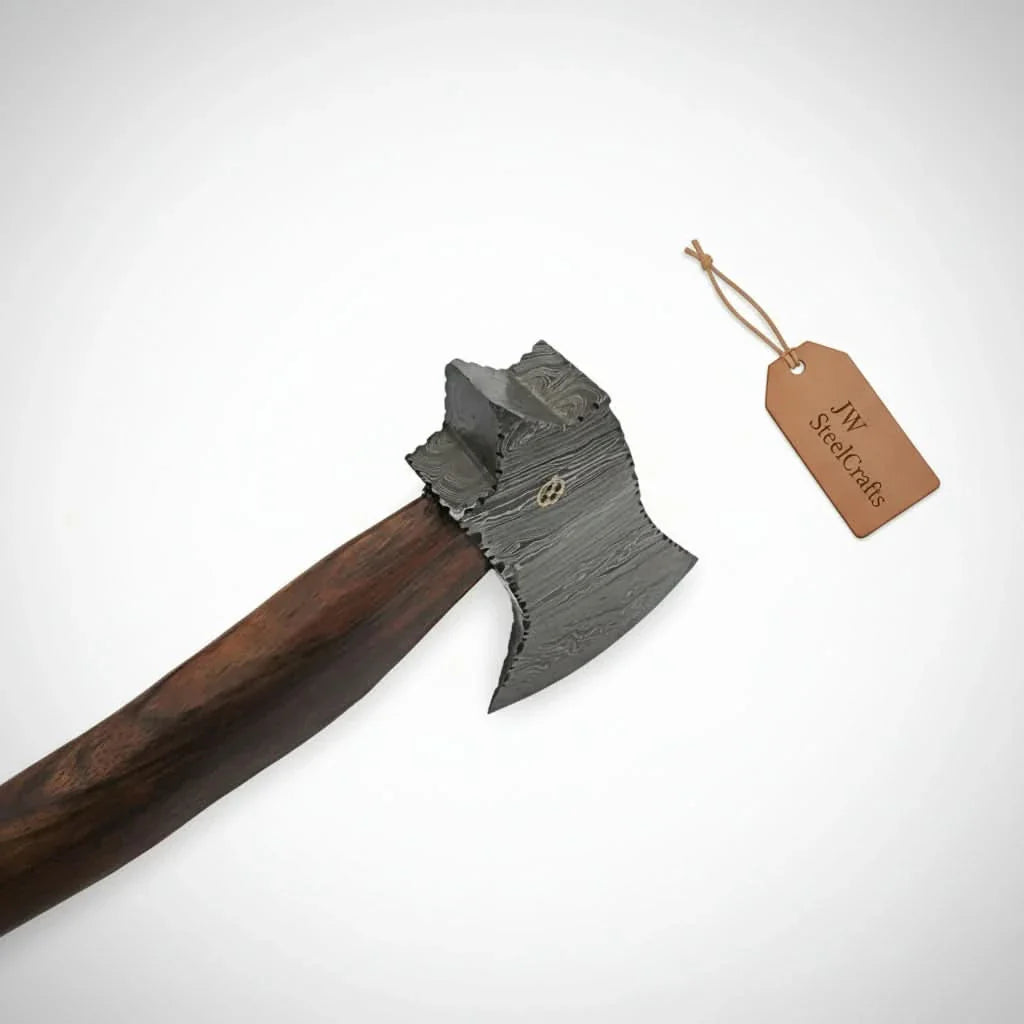Handmade Damascus Camp Axe with Mosaic Pin and Rosewood Handle