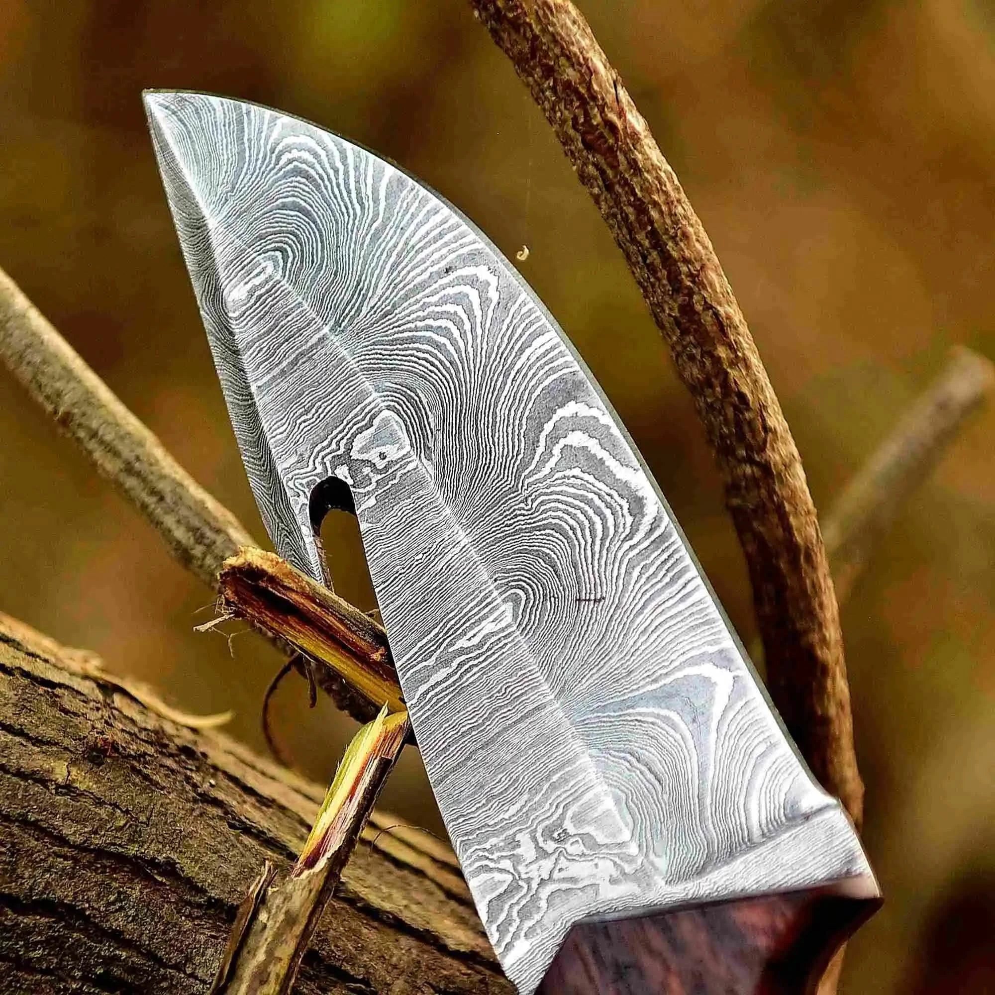 Handmade Damascus Gut Hook Hunting Knife Bone and Rosewood Handle with Leather Sheath