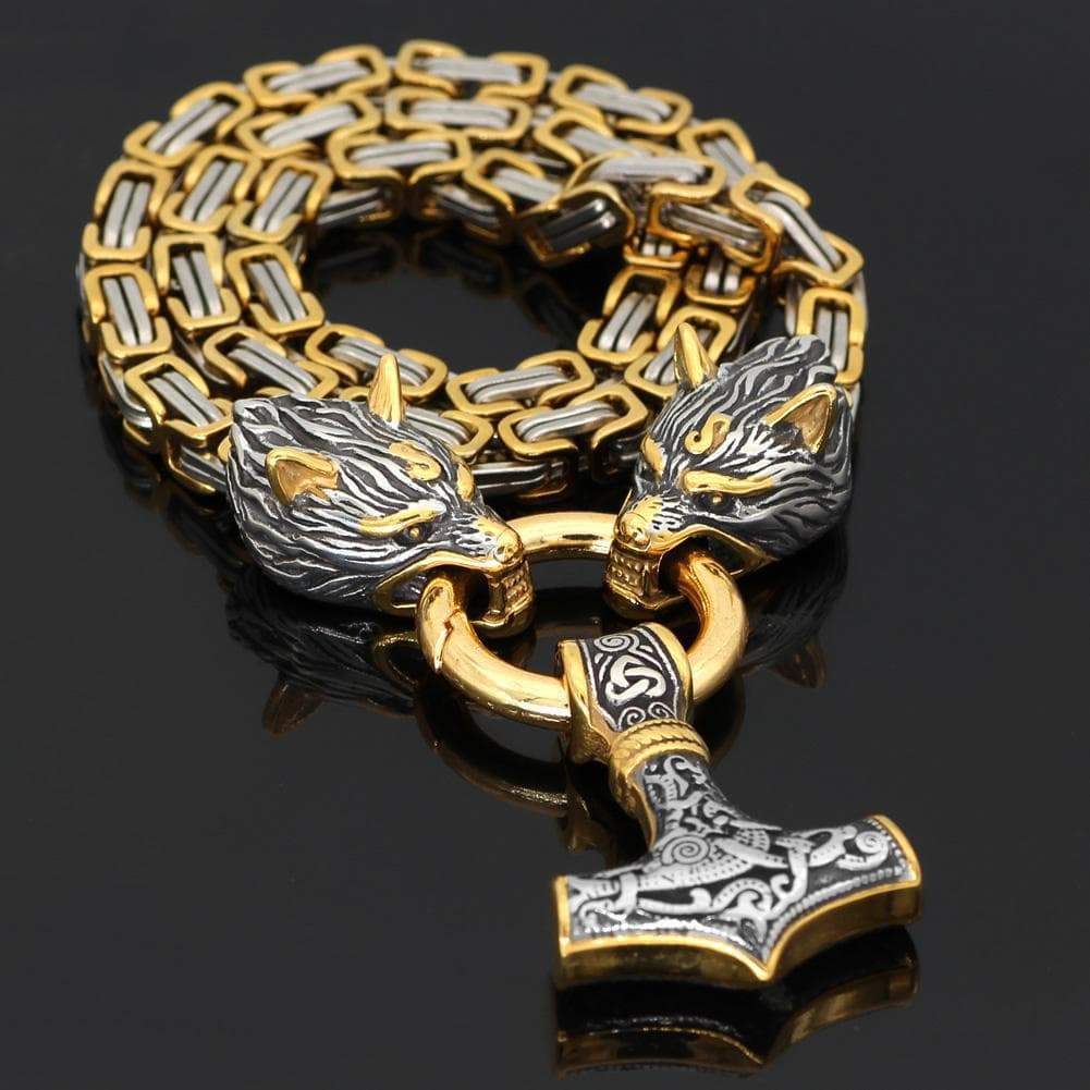 Vikings Wolf Mjolnir Stainless Steel King Chain Necklace