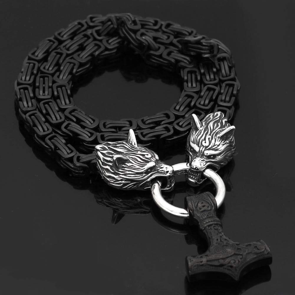 Vikings Wolf Head Mjolnir King Chain Stainless Steel Necklace