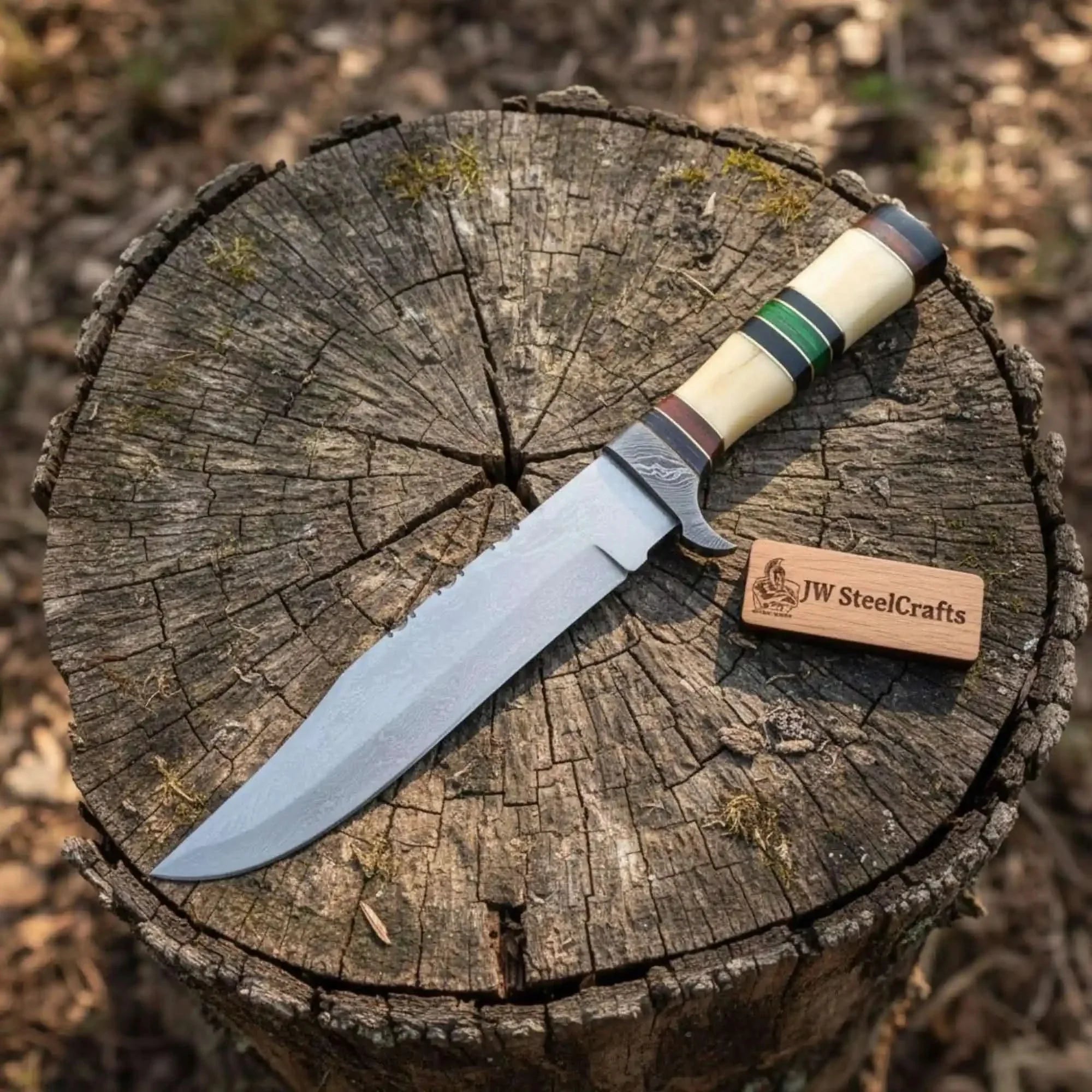 Frontier Jim Bowie Style Knife, Damascus Steel Clip Point, 9 Inch Blade, Stacked Bone Handle | JW SteelCrafts