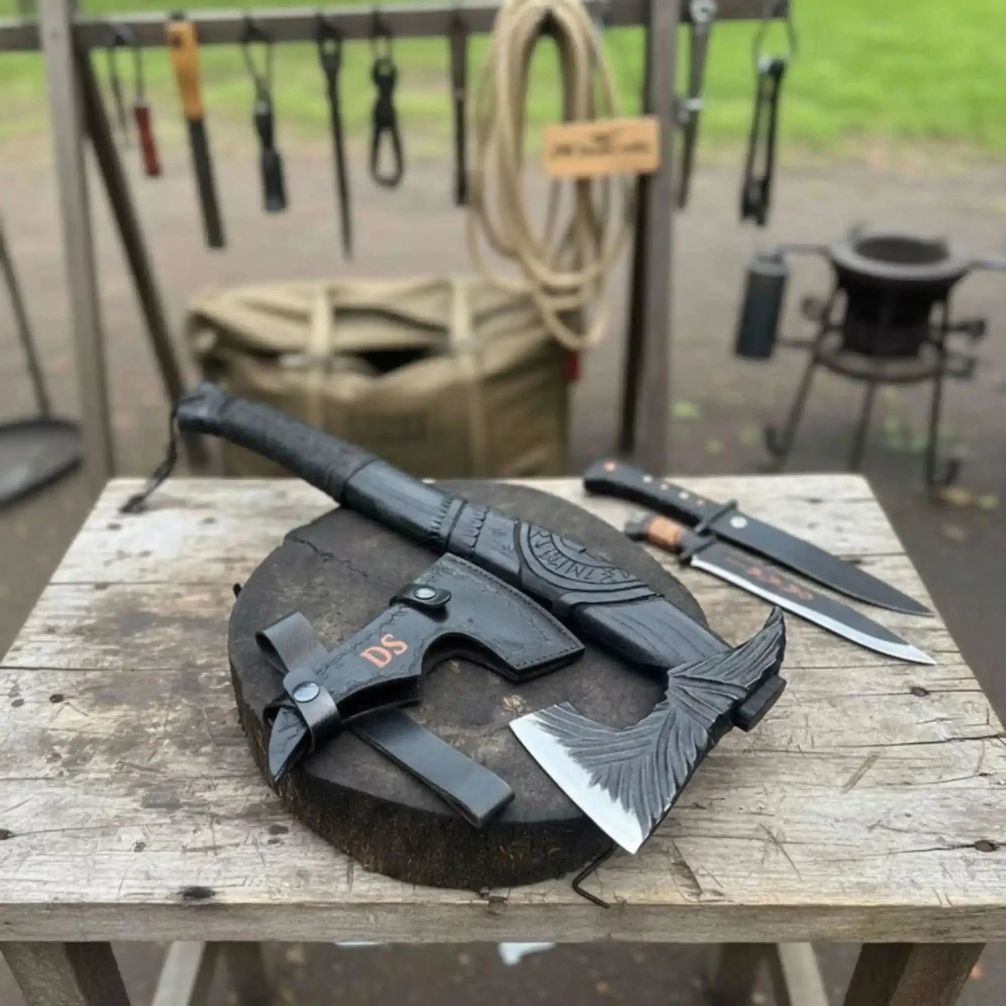 Hand Forged Viking Battle Axe with Carved Black Hardwood Handle