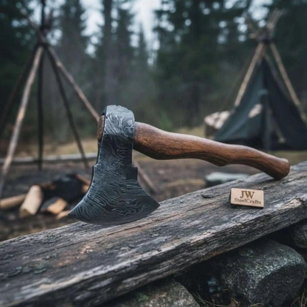 Handcrafted Damascus Utility Hatchet – Bearded Blade Style, Solid Wood Handle, Sheath Included