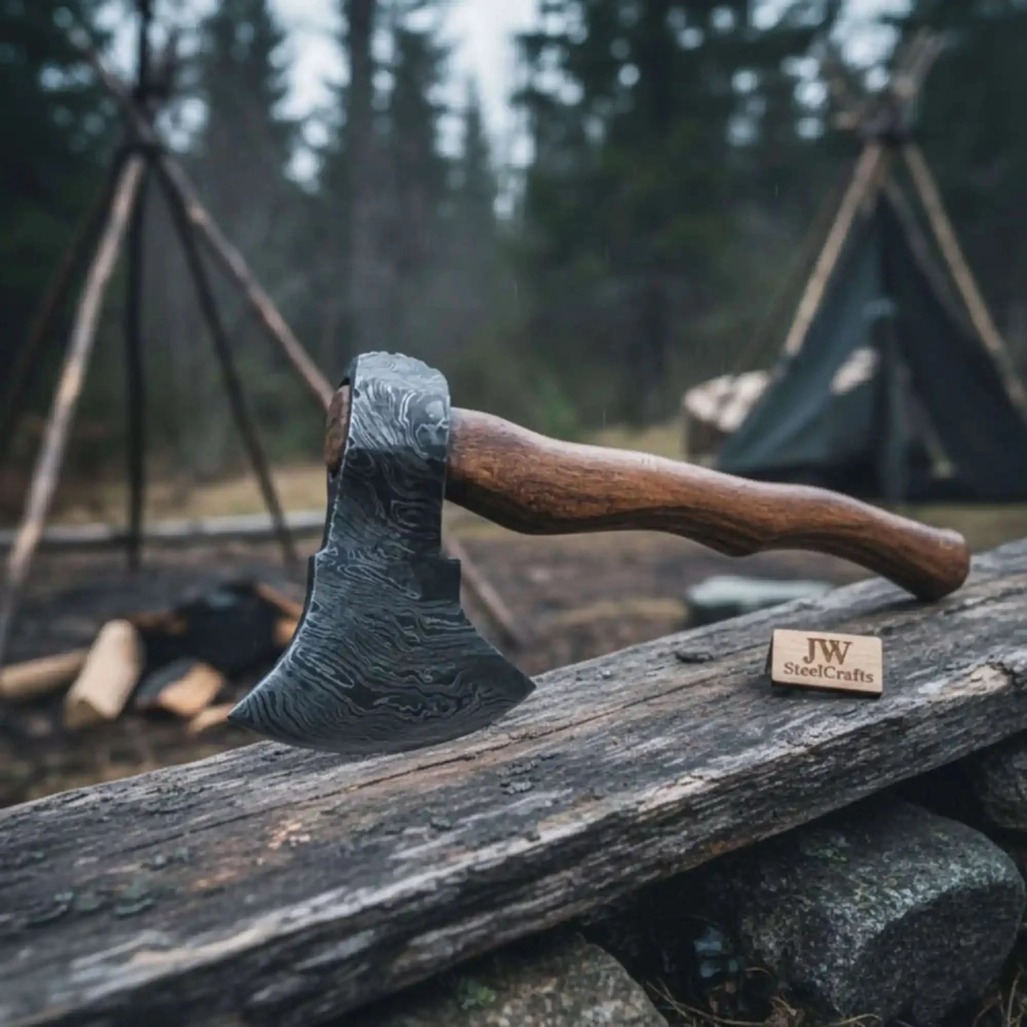 Handcrafted Damascus Utility Hatchet – Bearded Blade Style, Solid Wood Handle, Sheath Included