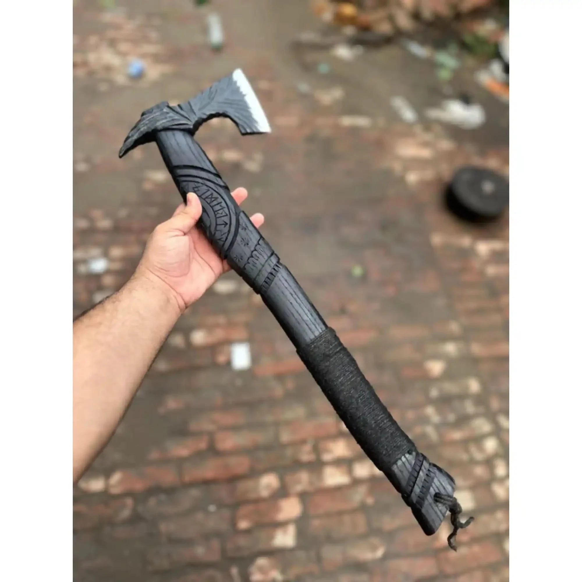 Hand Forged Viking Battle Axe with Carved Black Hardwood Handle