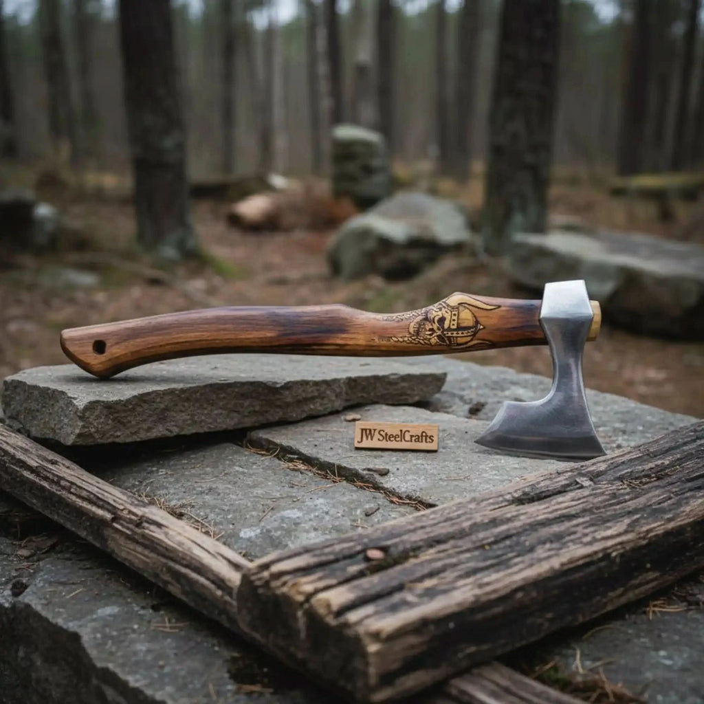 Hand Forged Damascus Steel Viking Axe – 18” Bearded Bushcraft Hatchet with Hardwood Handle | JW SteelCrafts