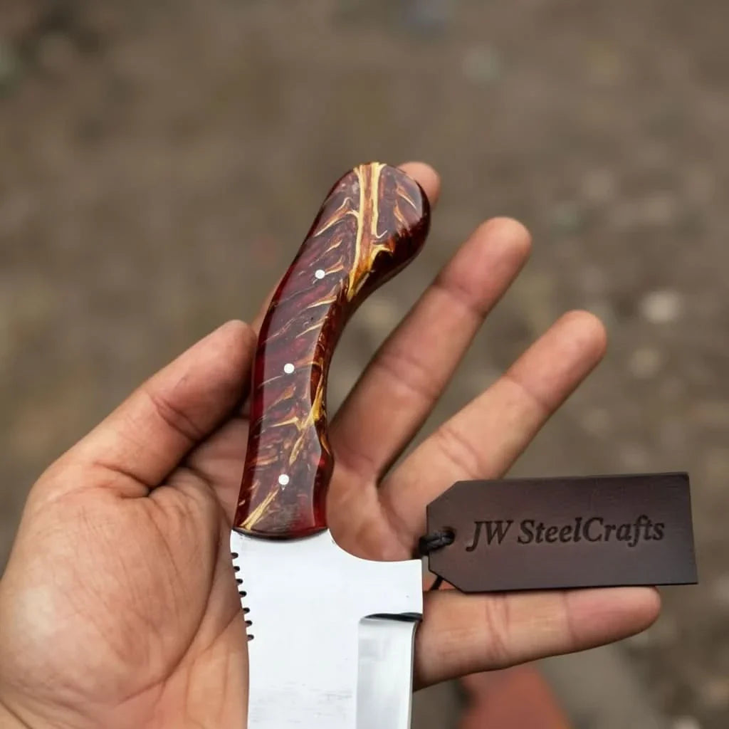 Handmade Stainless Steel Outdoor Knife – Red Swirl Resin Handle | Leather Sheath – JW SteelCrafts