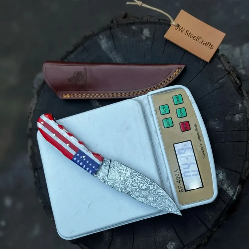 Handcrafted Damascus Steel Utility Knife with American Flag Handle | Leather Sheath | JW SteelCrafts