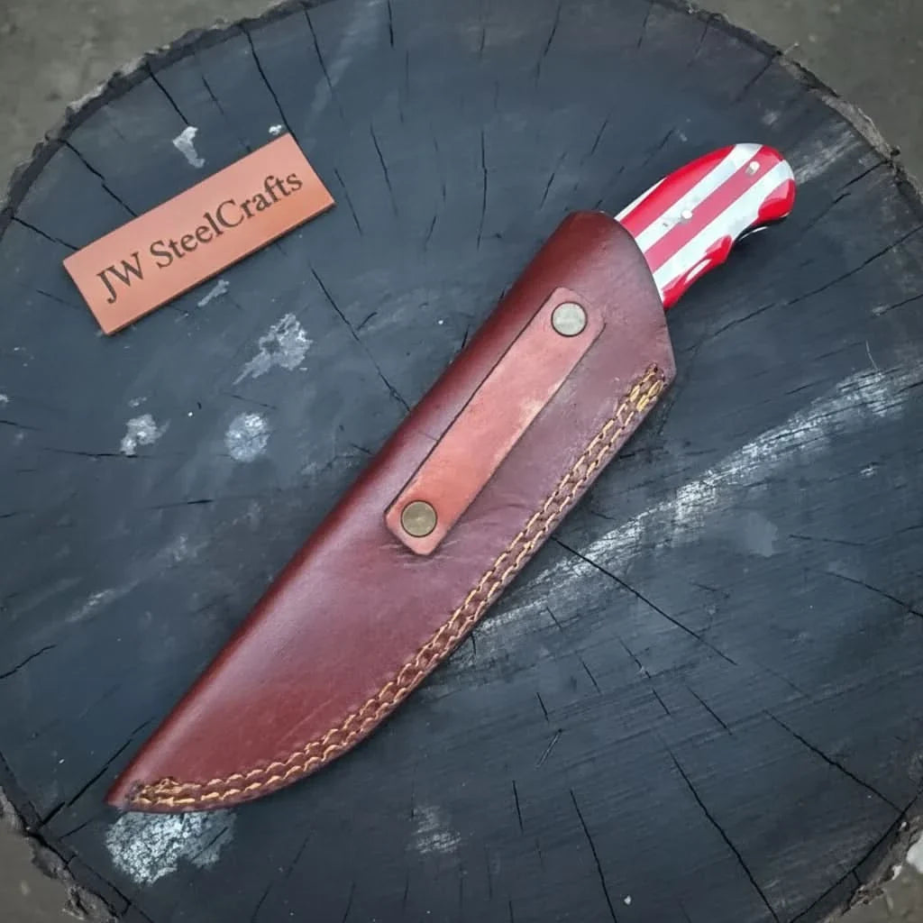 Handcrafted Damascus Steel Utility Knife with American Flag Handle | Leather Sheath | JW SteelCrafts