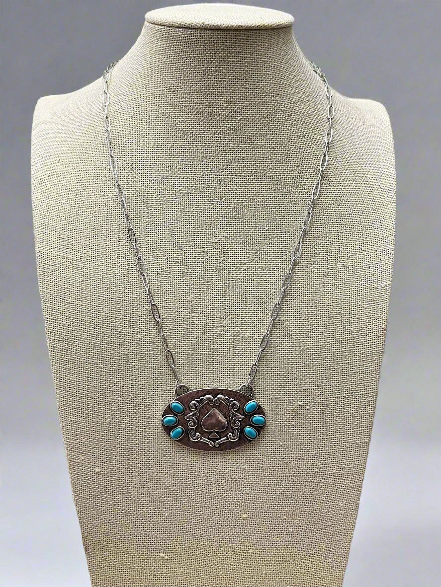 Western Spade & Faux Turquoise Statement Necklace - 18" Silver Tone