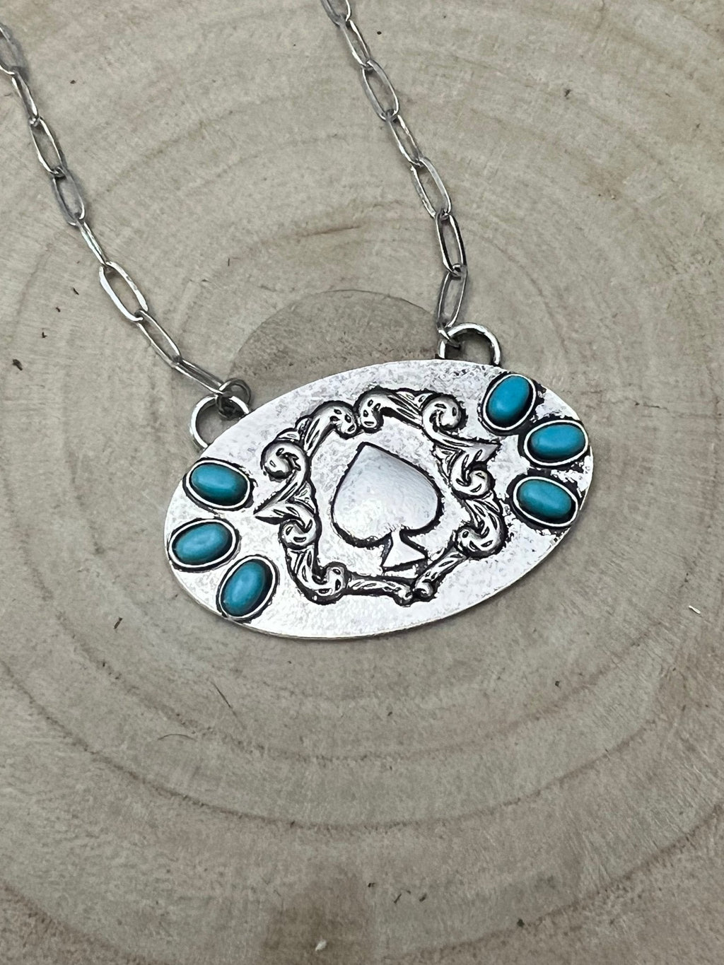 Western Spade & Faux Turquoise Statement Necklace - 18" Silver Tone