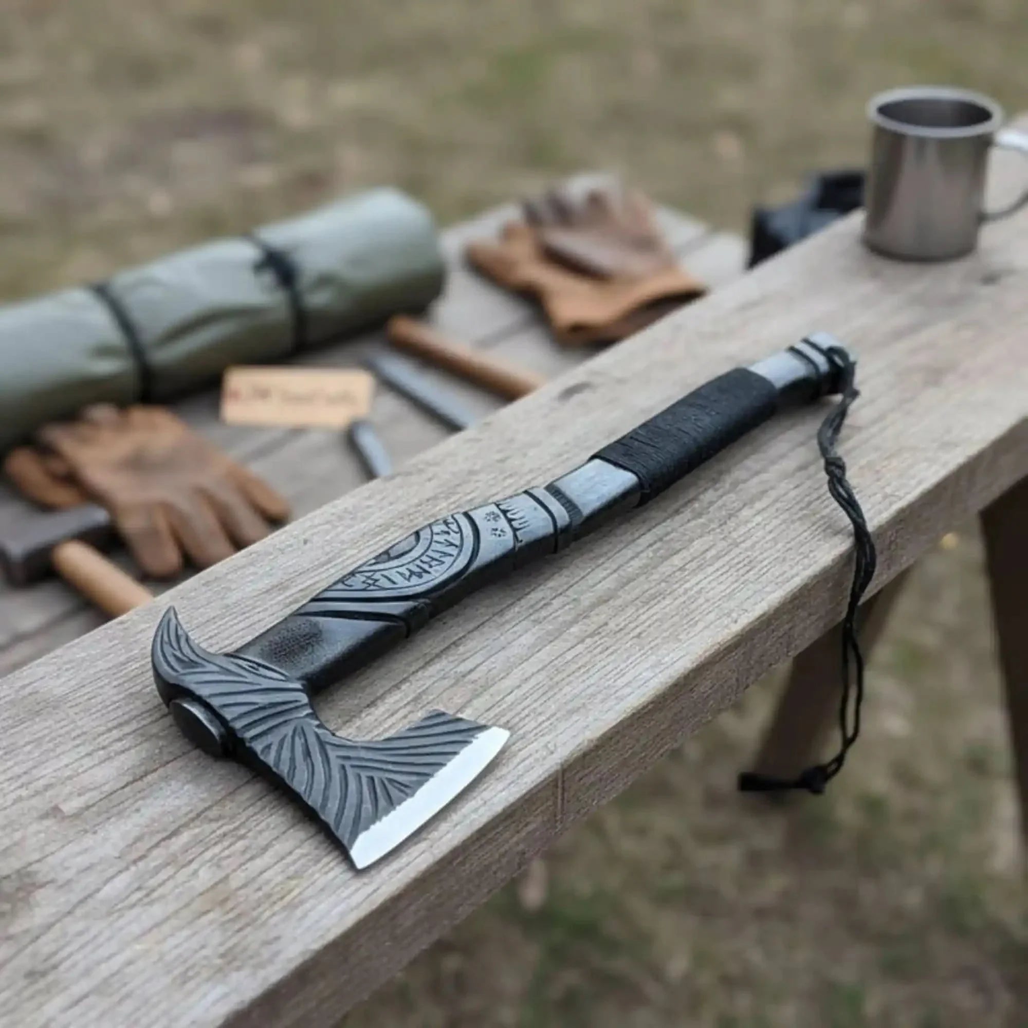 Hand Forged Viking Battle Axe with Carved Black Hardwood Handle