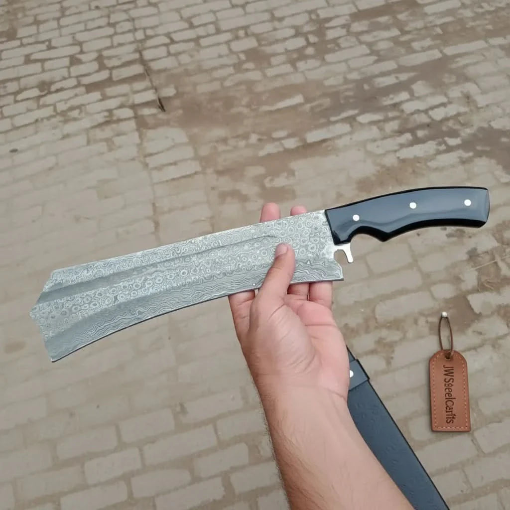 Handmade Damascus K-Tip Nakiri Knife with Black Handle