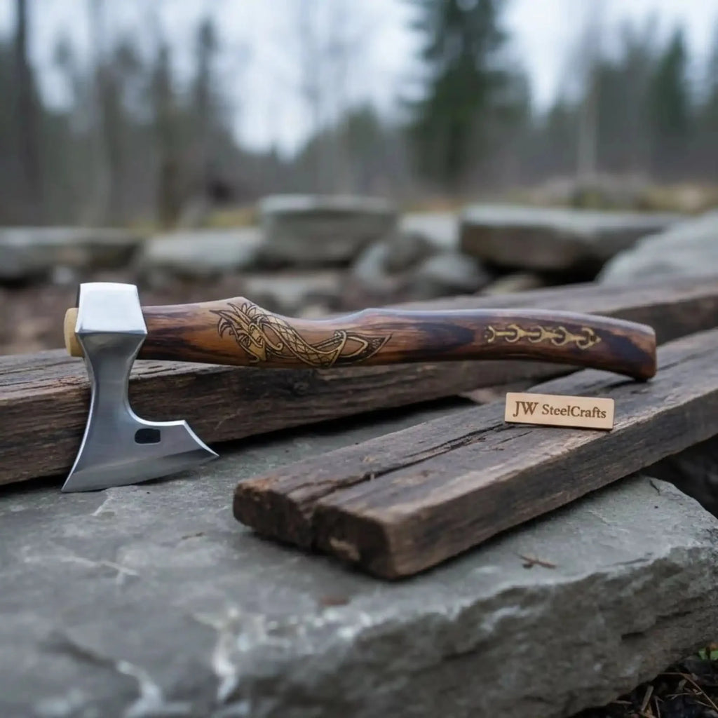 Hand Forged Damascus Steel Viking Axe – 18” Bearded Bushcraft Hatchet with Hardwood Handle | JW SteelCrafts