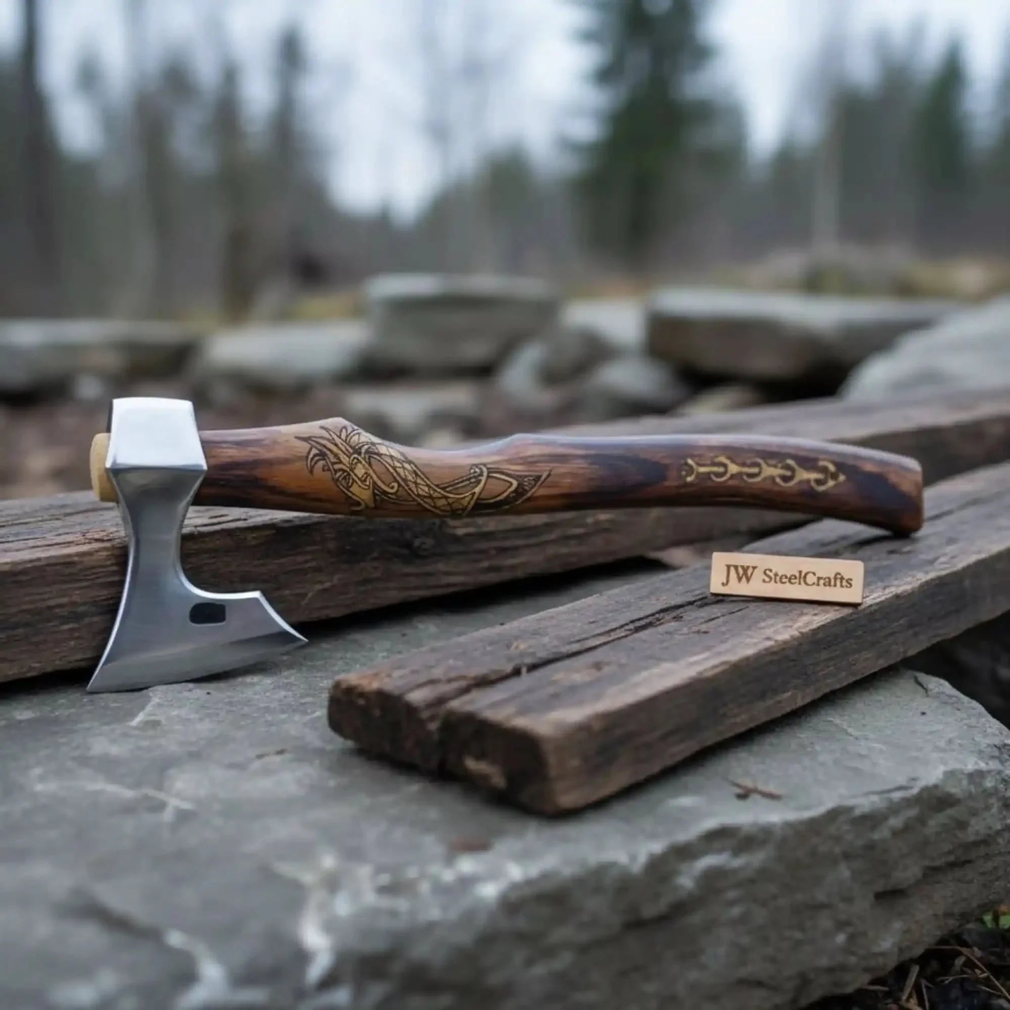 Hand Forged Damascus Steel Viking Axe – 18” Bearded Bushcraft Hatchet with Hardwood Handle | JW SteelCrafts