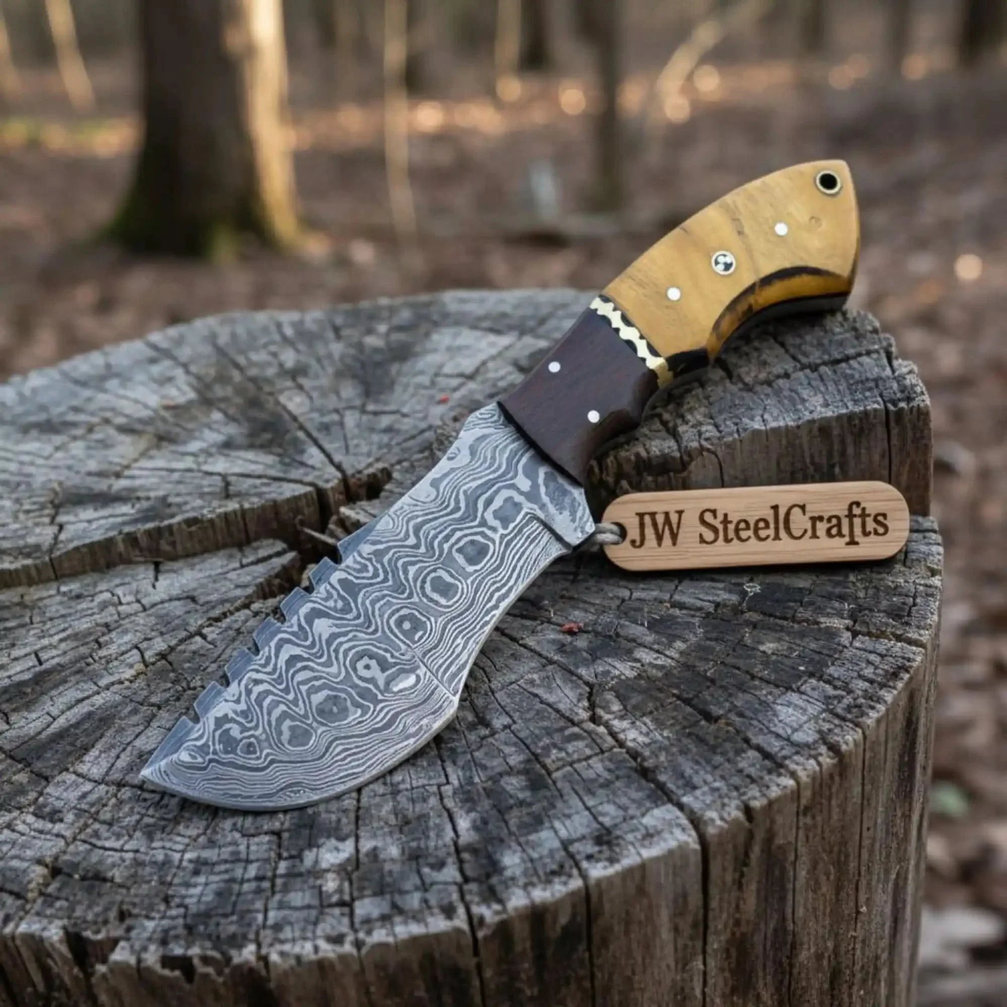 tracker knife Custom, 10", DAMASCUS KNIFE, Damascus steel knife, hunting, exotic Yellow Heart & Walnut wood handle, leather sheath
