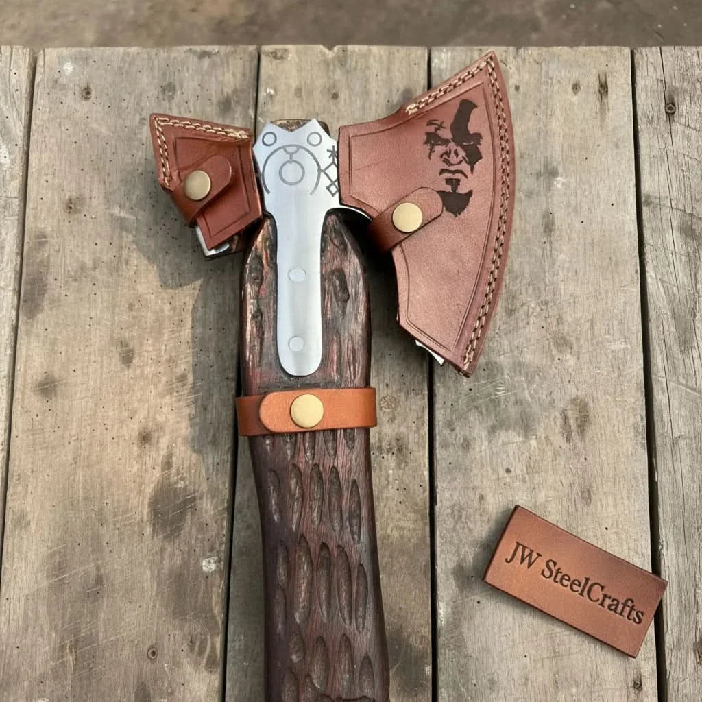 Handmade Viking Double-Bit Carbon Steel Axe with Norse Rune Etching and Engraved Hardwood Handle