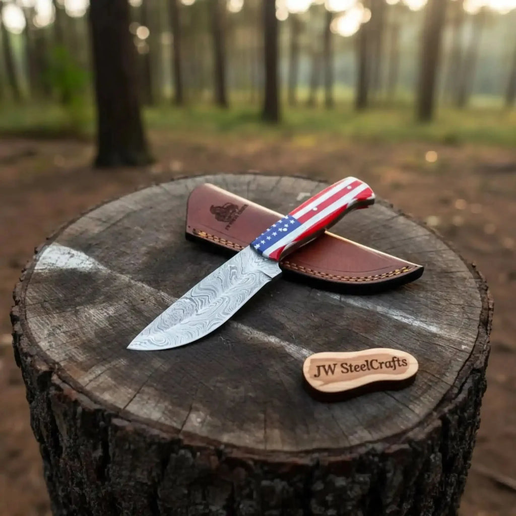USA Handle Outdoor Knife – Handcrafted Damascus Steel Blade | Leather Sheath | JW SteelCrafts