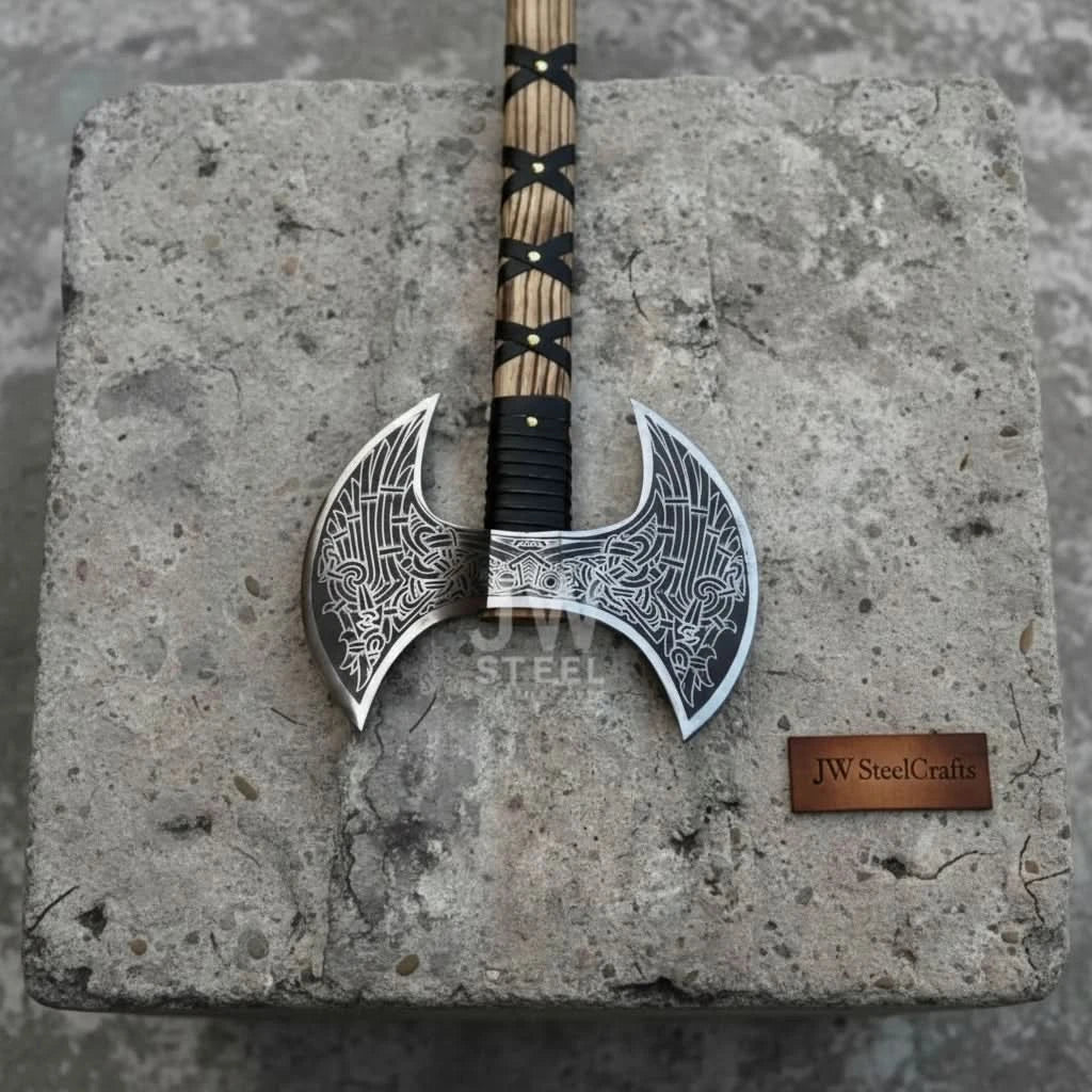 Hand Engraved Double Headed Viking Axe with Nordic Knotwork and Leather Wrapped Handle