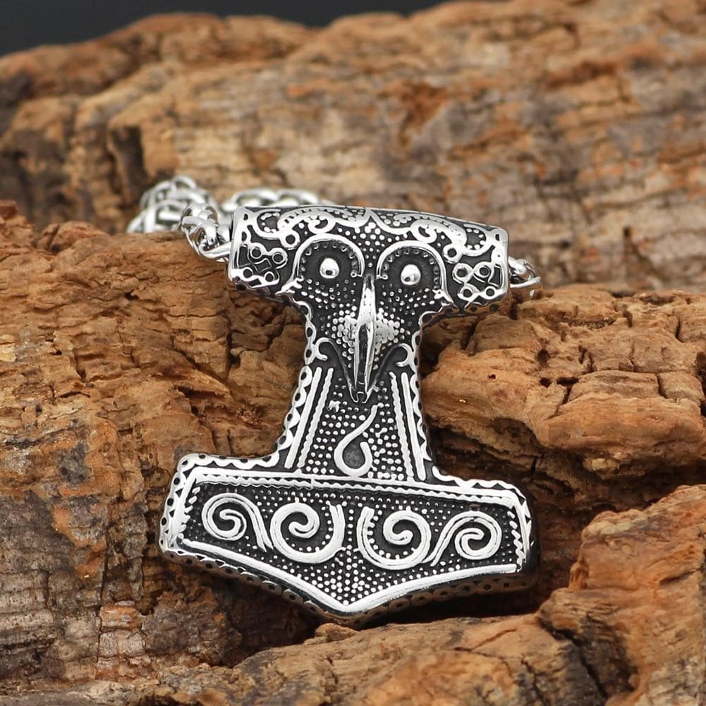 Viking Raven Mjolnir Necklace