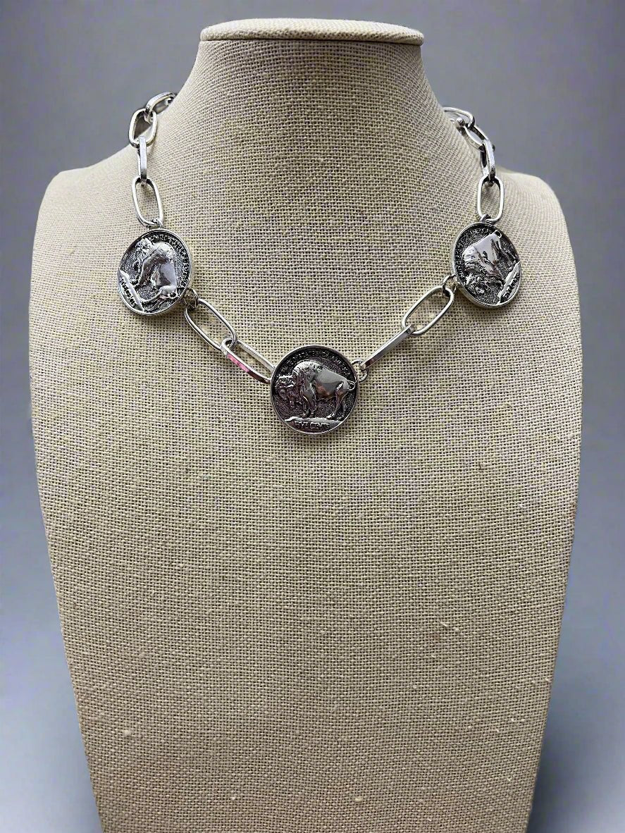 Rustic Buffalo Coin Choker & Earring Set | Burnished Faux Silver Western Jewelry