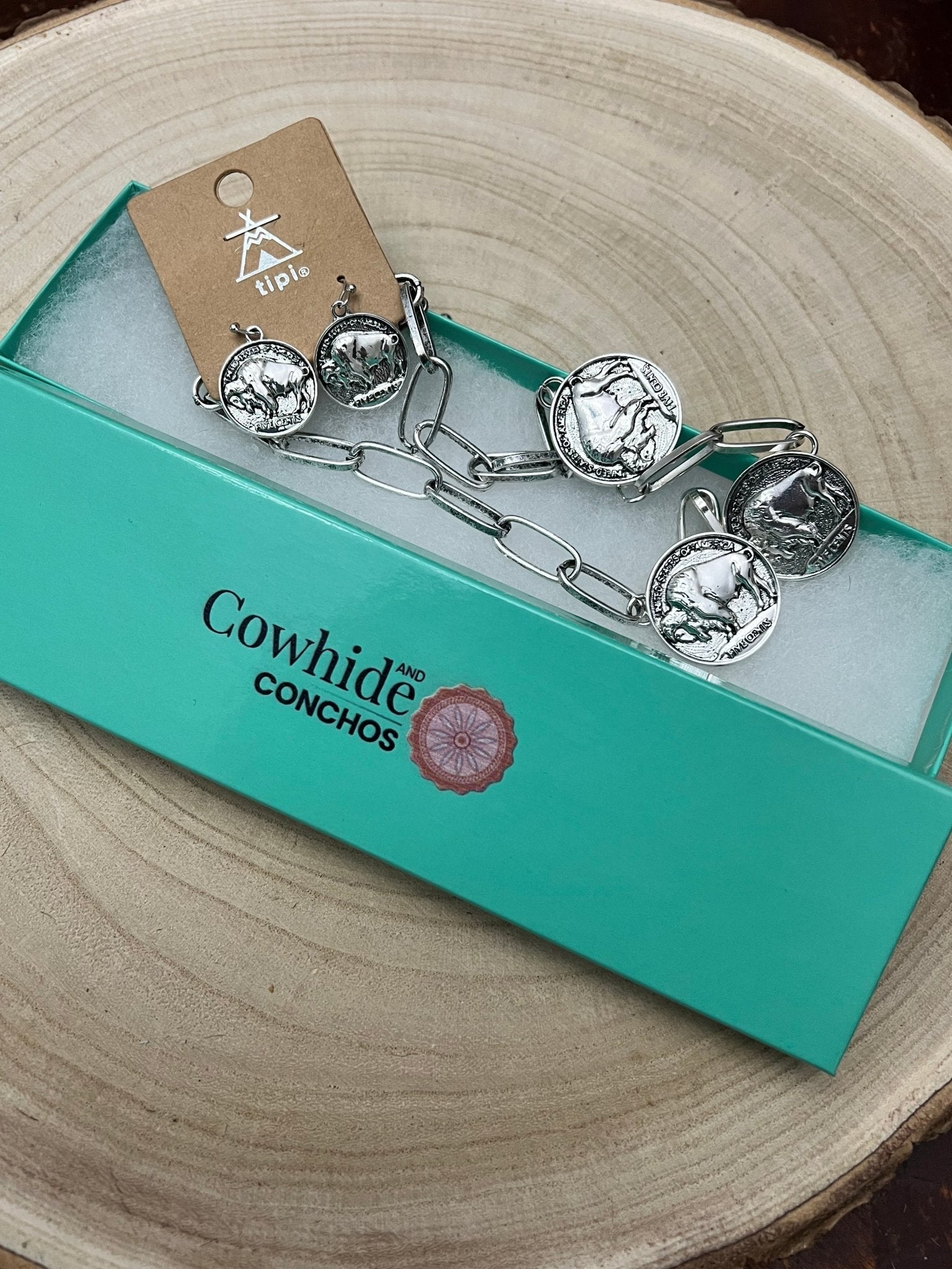 Rustic Buffalo Coin Choker & Earring Set | Burnished Faux Silver Western Jewelry