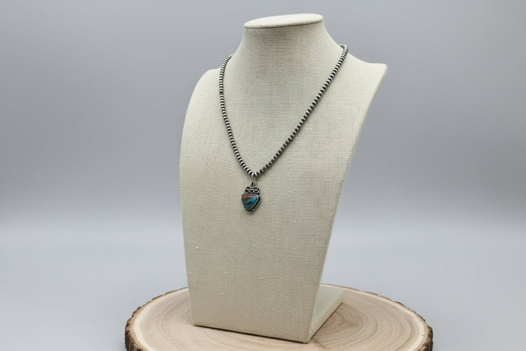 Western Boot Stitch and Faux Turquoise Pendant and 4mm fashion Pearls Necklace - 18 Inch