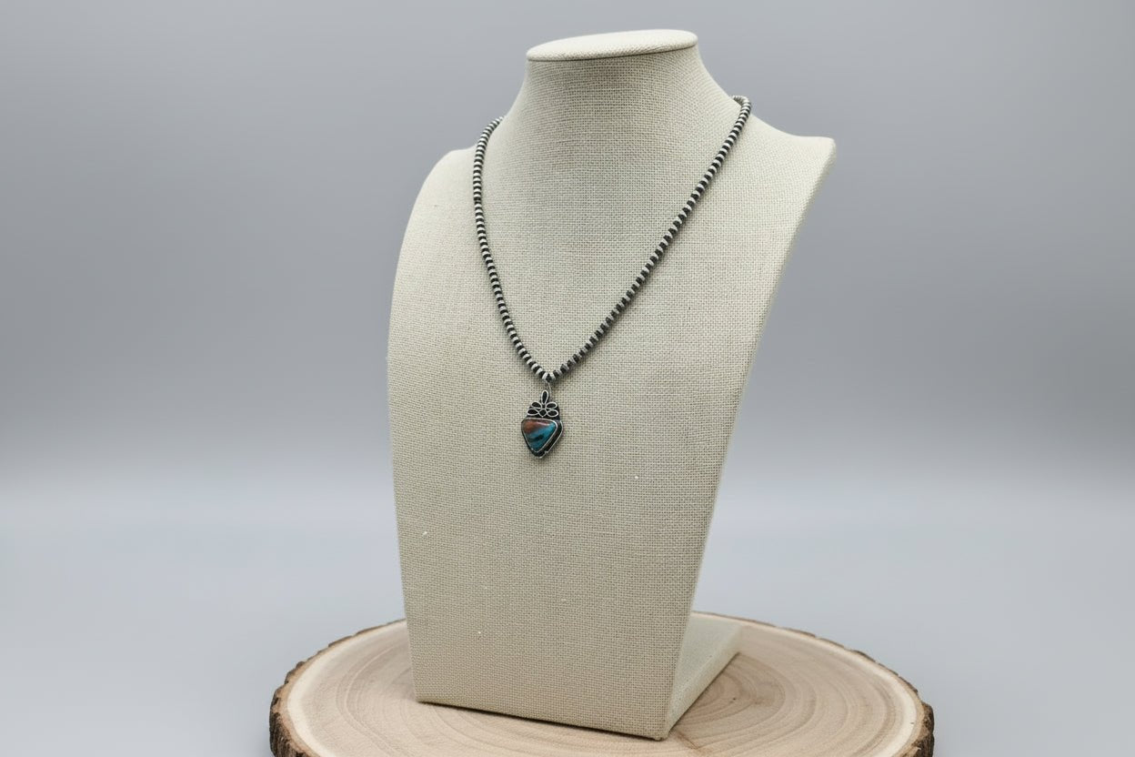 Western Boot Stitch and Faux Turquoise Pendant and 4mm fashion Pearls Necklace - 18 Inch