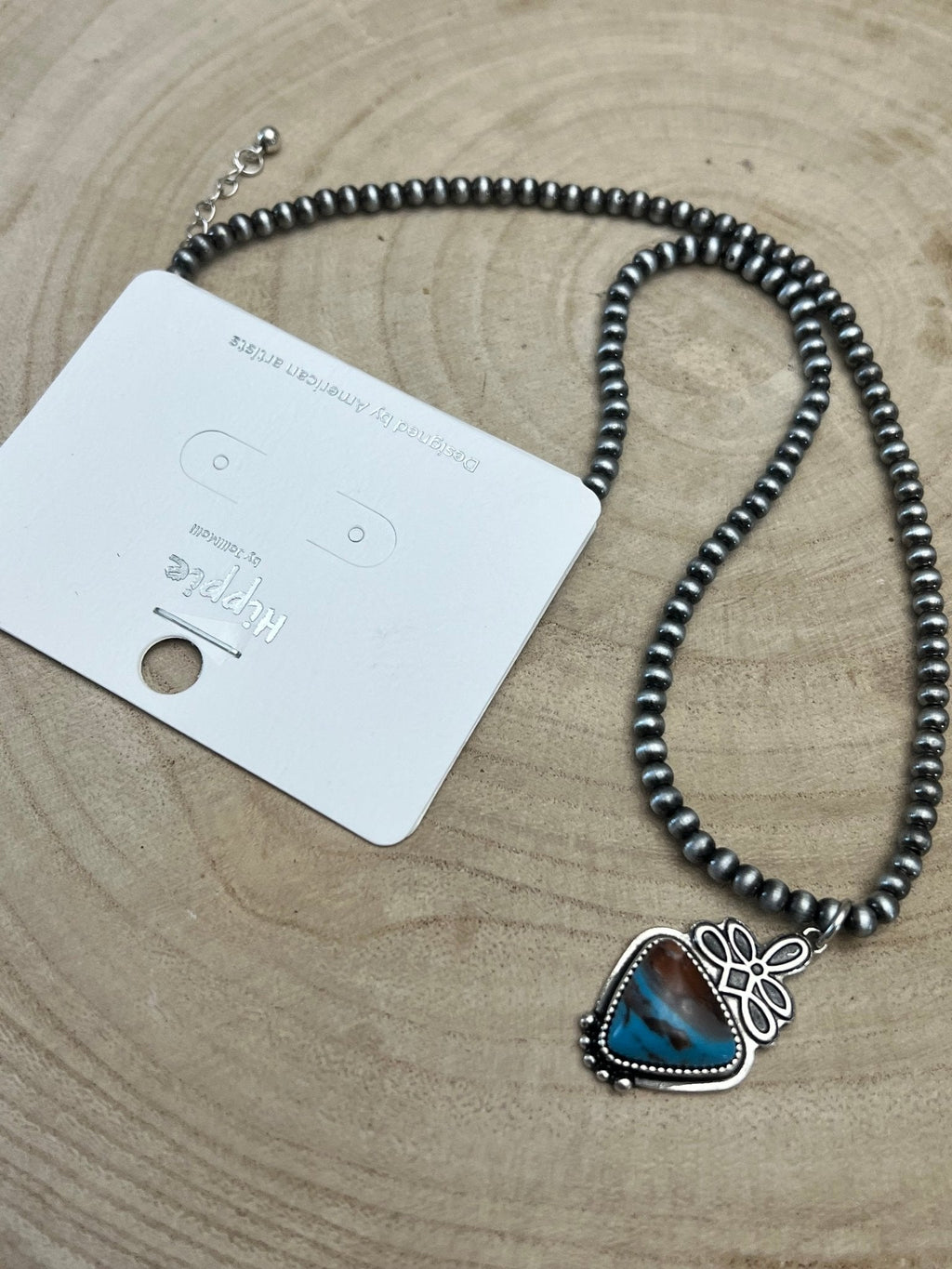 Western Boot Stitch and Faux Turquoise Pendant and 4mm fashion Pearls Necklace - 18 Inch
