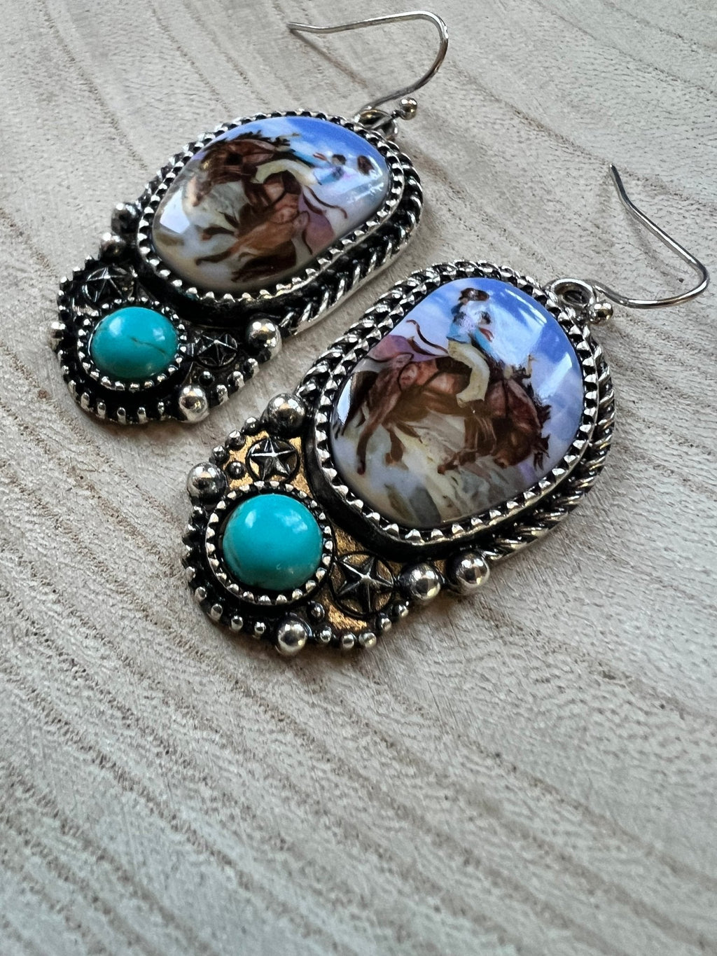 Western Bronc Print Oval and Faux Turquoise Earrings